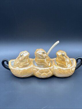 Vintage Lustreware Frog Salt Pepper Condiment Set Amphibian Orange Japan READ